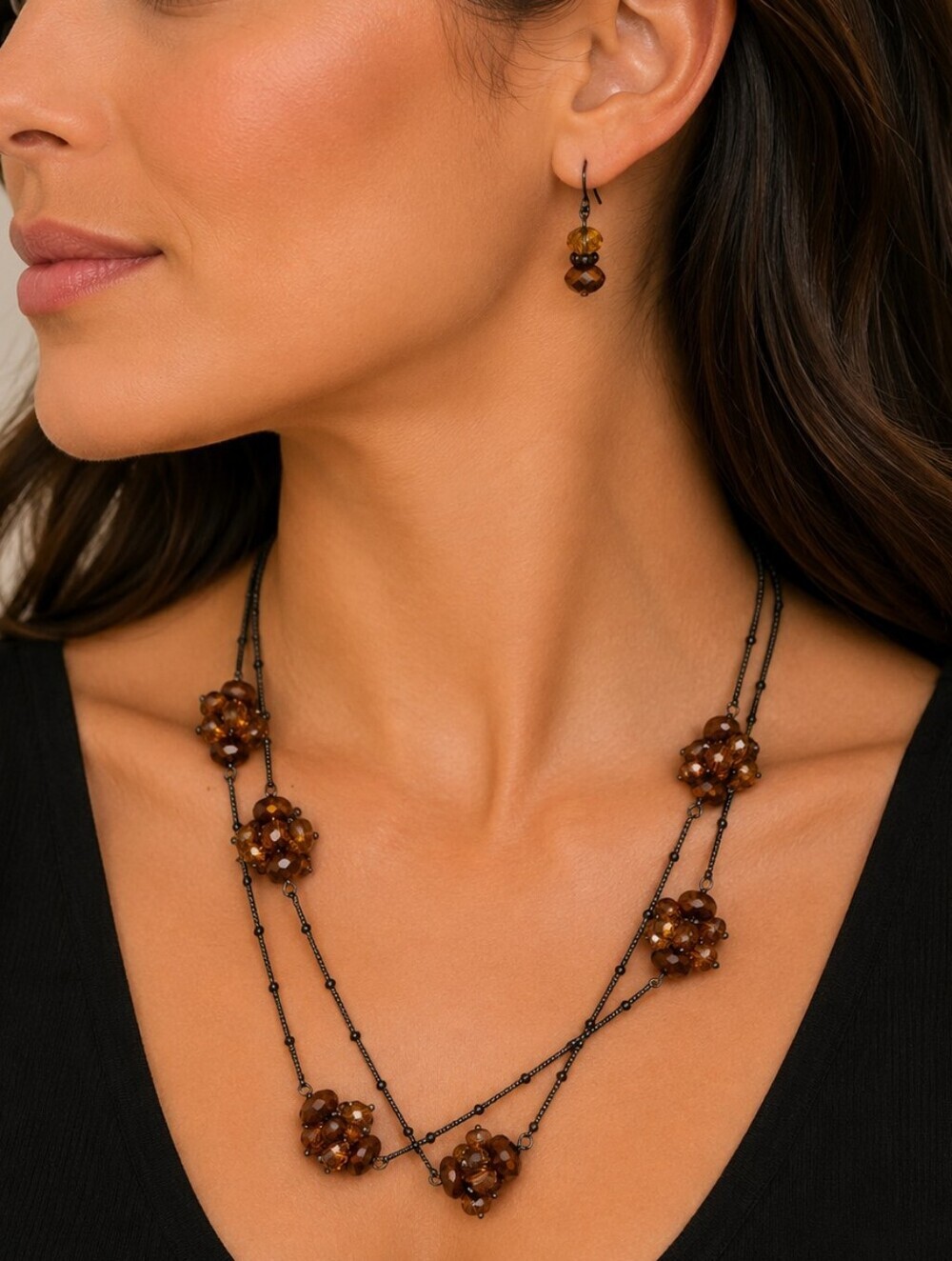 Texas Leather Mfg. Brown Crystal Cluster Gunmetal Chain Necklace Earrings Set